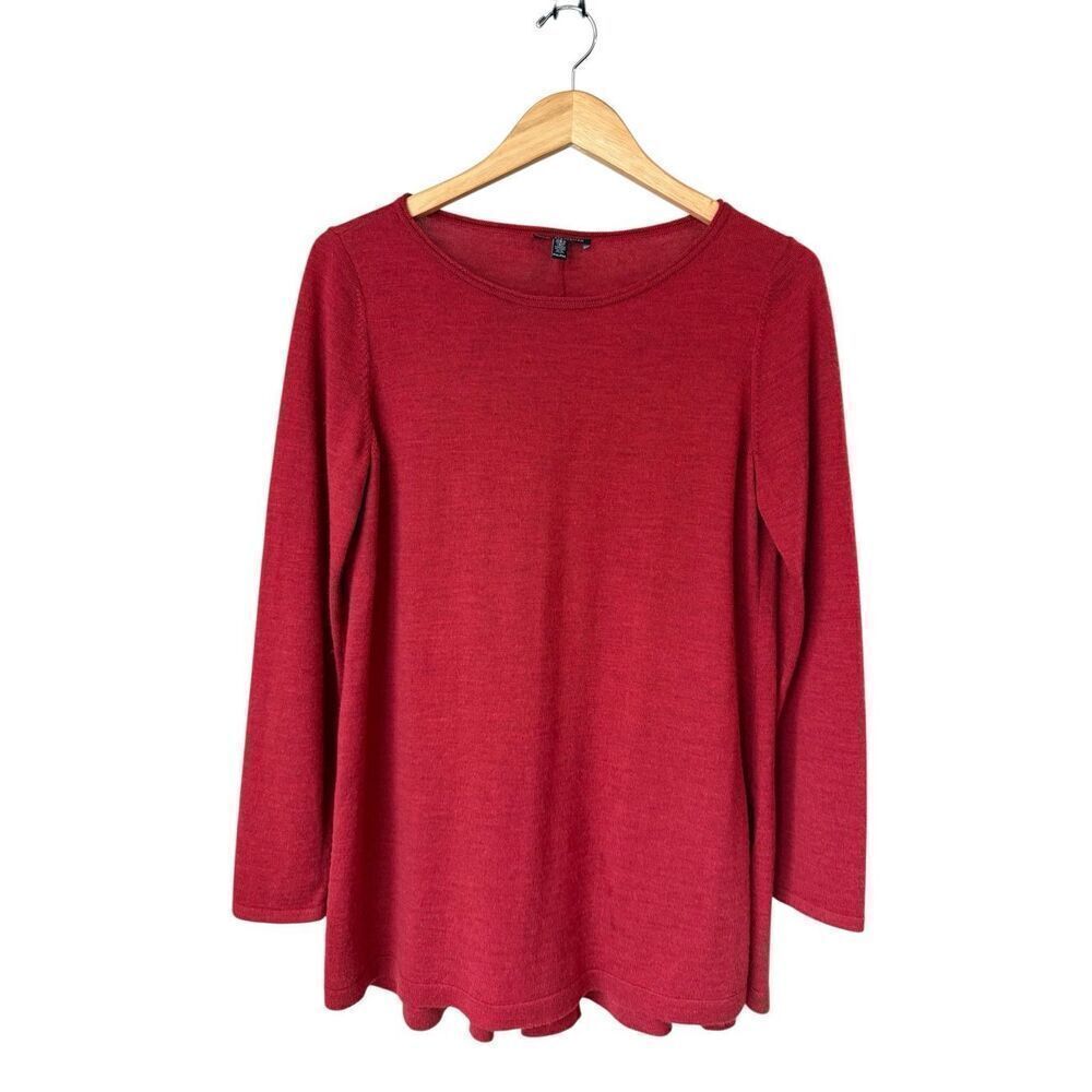 Eileen Fisher 100% Merino Wool Orange Red Long Sleeve Tunic Top Size M Petite